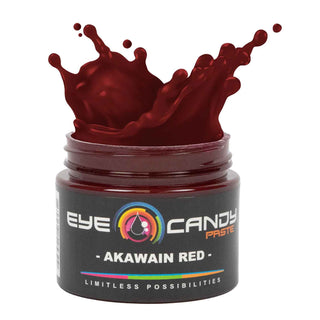 Jar of Eye Candy Paste with red paint splash on a white background
