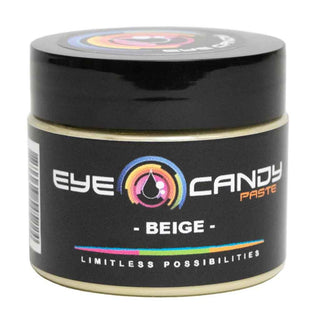 Black jar of Eye Candy Paste in beige color on a white background