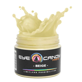 Jar of Eye Candy Paste in beige color with splashes on a white background