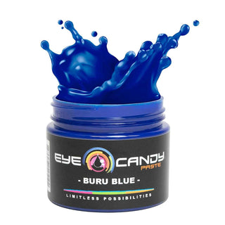Jar of Eye Candy Paste in Buru Blue with blue liquid splash on a white background