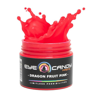 Jar of Eye Candy Paste in Dragon Fruit Pink color with red liquid splash on a white background
