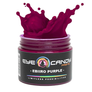 Jar of EYE Candy Paste in Ebiiro Purple with splashes on a white background
