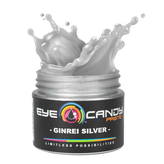 Jar of Eye Candy Paste Ginrei Silver with a splash effect on a white background