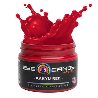 Jar of Eye Candy Paste Kakyu Red with red liquid splash on a white background