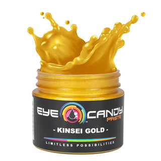 Jar of Eye Candy Paste Kinsei Gold with splashing gold color on a white background