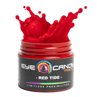 Jar of Eye Candy Paste Red Tide with red liquid spilling out on a white background