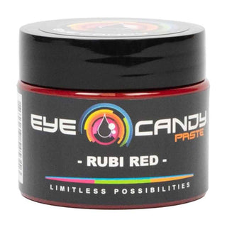 Black container of Eye Candy Paste Rubi Red on a white background