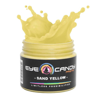 Jar of Eye Candy Paste Sand Yellow on a white background