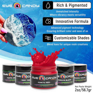 Eye Candy resin pastes with product details on a blue background