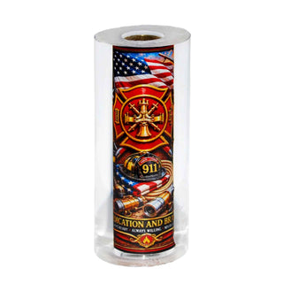 Firefighter-themed resin pen blank by John U featuring Maltese Cross emblem, firefighter helmet, American flag, and firefighting equipment artwork for Sierra-style pen kits.