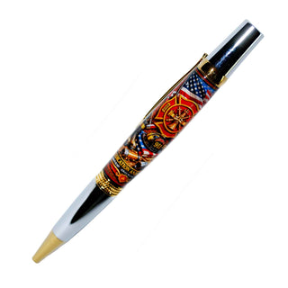 Firefighter-themed resin pen blank by John U featuring Maltese Cross emblem, firefighter helmet, American flag, and firefighting equipment artwork for Sierra-style pen kits. On a Daimond Knurl Pen Kit