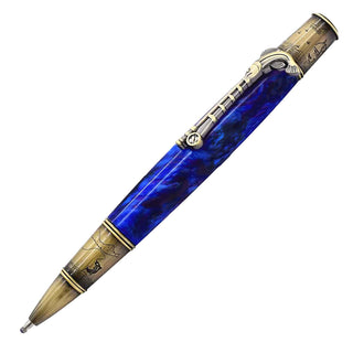 Antique Brass Fishing Ballpoint Pen Kit with blue acrylic pen blank and engraved fishing scenes