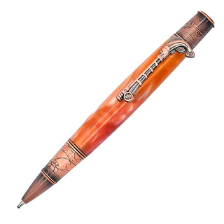 Antique Copper Fishing Ballpoint Pen Kit with orange acrylic barrel and detailed fishing rod clip