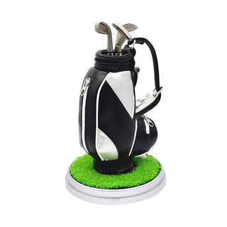 Golf bag and clock pen holder with leatherette finish, realistic details, and storage compartments for displaying handmade pens. Back side