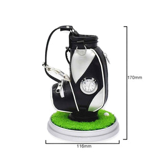 Golf bag and clock pen holder with leatherette finish, realistic details, and storage compartments for displaying handmade pens. Size