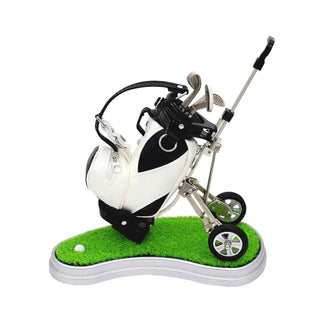 Golf cart pen holder with leatherette finish, realistic details, and storage compartments for displaying handmade pens.
