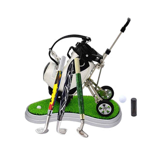 Golf cart pen holder with leatherette finish, realistic details, and storage compartments for displaying handmade pens. Lifestyle