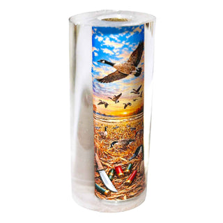 Canada Goose Hunter pre-tubed pen blank by John U featuring Canada geese in flight over a golden field with hunting shells and decoys.