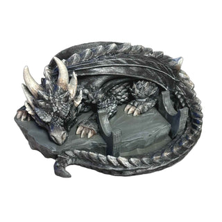Grey Hand-painted 3D-printed Sleeping Dragon Pen Stand by artist John U. A fantasy-themed display for handmade pens