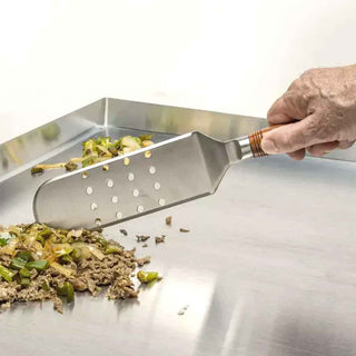 Griddle Spatula Kit with food-safe stainless steel blade for custom-turned handles. Round perferoated desihn lifestyle