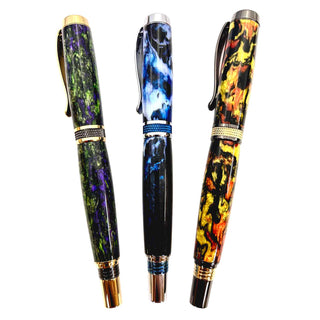 Midnight Apparitions Hocus Pocus and Wicthes Brew Alumilite pen blanks by John U turned into custom rollerball pens