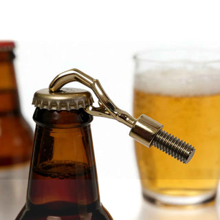 Close-up of Gold Hand Bottle Opener opening mechanism removing a bottle cap