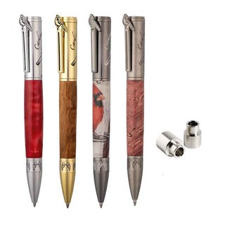 Heavenly Messenger Ballpoint Pen Kit Starter Set including Chrome, Gold, Gun Metal, and Antique Pewter finishes with matching bushings featuring cardinal clip, angel wing engravings, and "Cardinals Appear When Angels Are Near" sentiment.