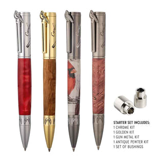 Heavenly Messenger Ballpoint Pen Kit Starter Set including Chrome, Gold, Gun Metal, and Antique Pewter finishes with matching bushings featuring cardinal clip, angel wing engravings, and "Cardinals Appear When Angels Are Near" sentiment. Alt view