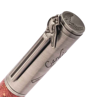 Antique Pewter Close-up of the Heavenly Messenger pen clip showing the detailed cardinal design and engraved pen cap.