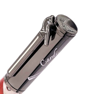 Gun Metal Close-up of the Heavenly Messenger pen clip showing the detailed cardinal design and engraved pen cap.