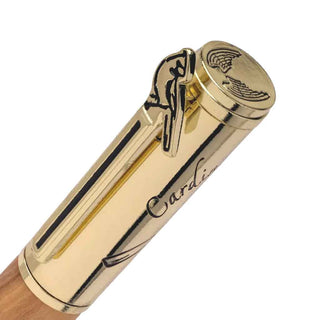 Gold Close-up of the Heavenly Messenger pen clip showing the detailed cardinal design and engraved pen cap.