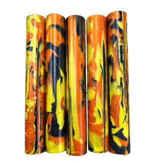Group of handmade Hocus Pocus Alumilite pen blanks by John U featuring unique orange yellow and black Halloween patterns
