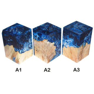 Live Edge hybrid egg project blank combining maple burl and colorful Alumilite resin for woodturning projects. Blue and white swirls with Maple Burl