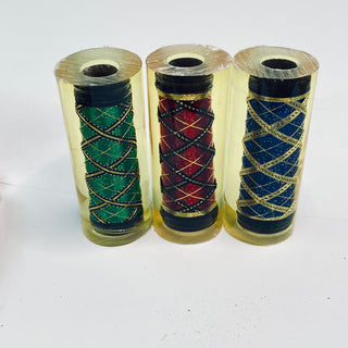 Three spools of thread art pen blamks with decorative patterns on a white background