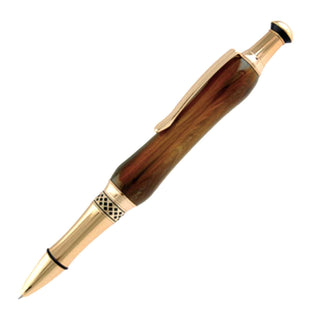 Handcrafted custom pen turned from an Imitation Horn Poly Resin Pen Blank with rich brown and ivory horn-like swirls paired with elegant gold hardware.