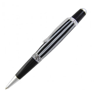 Finished custom pen turned from the Jail Bird Poly Resin Pen Blank, showcasing crisp black, white, and silver striped barrels with a high-gloss polished finish.