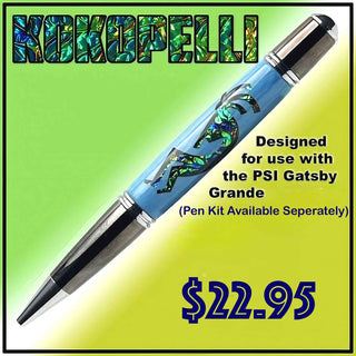 Kokopelli Dichrolam® Laser Cut Inlay Kit featuring a laser-cut stabilized wood blank, Dichrolam® wrapped brass tube, and Southwestern-inspired design for PSI Gatsby Grande pen kits.