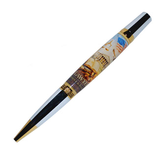 Lawyer-themed resin pen blank by John U featuring scales of justice, courthouse, gavel, law books, eagle, and American flag artwork for Sierra-style pen kits. On a Diamond Knurl Pen Kit