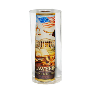 Lawyer-themed resin pen blank by John U featuring scales of justice, courthouse, gavel, law books, eagle, and American flag artwork for Sierra-style pen kits.