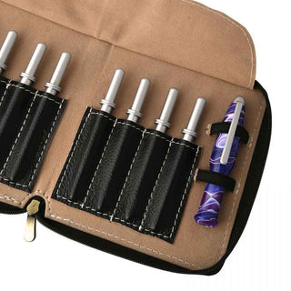 Leather Case for Crochet Hooks. Interior. Closeup with hooks.
