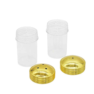 Mini salt and pepper shaker turning kit with plastic inserts and plated shaker caps for custom woodworking projects. Gold Parts