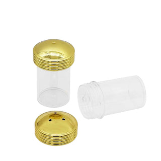Mini salt and pepper shaker turning kit with plastic inserts and plated shaker caps for custom woodworking projects. Gold Parts 2