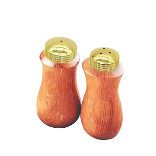 Mini salt and pepper shaker turning kit with plastic inserts and plated shaker caps for custom woodworking projects. Gold