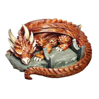 Orange Hand-painted 3D-printed Sleeping Dragon Pen Stand by artist John U. A fantasy-themed display for handmade pens