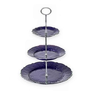 Three-tiered purple plate stand on a white background