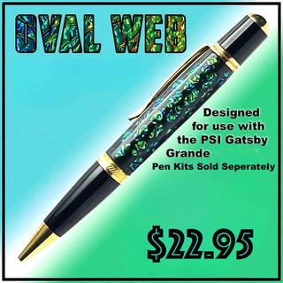 Oval Web Dichrolam® Laser Cut Inlay Kit featuring an intricate web pattern, color-shifting Dichrolam® accents, and a laser-cut stabilized wood blank for PSI Gatsby Grande twist pen kits.