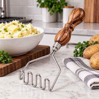 Lifestyle PSI stainless steel potato masher kit with custom turned wood handle and 4-1/2 inch serpentine wire mashing head