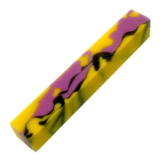 Banana Parfait acrylic pen blank with opaque yellow base and pink and black swirl accents.