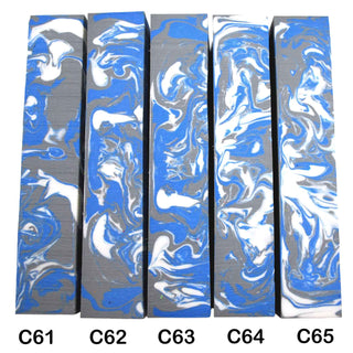 John Underhill handmade Alumilite pen blanks with blue, grey and white swirl patterns. 61-65C