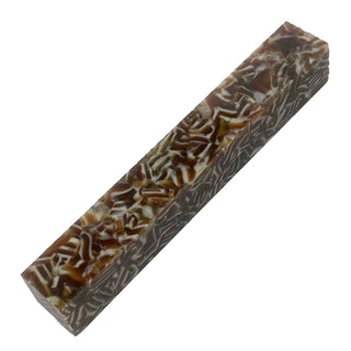 Cappuccino acrylic pen blank with layered cream and brown chip pattern in premium acrylic acetate. Side view